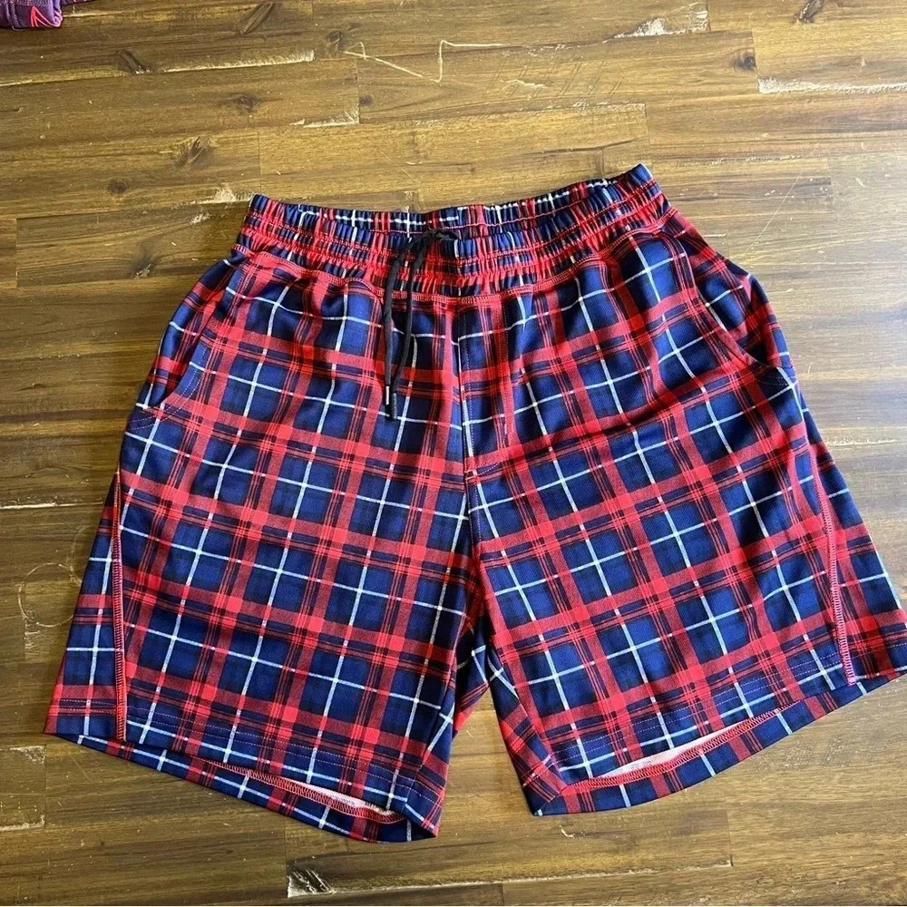 Rhone Plaid Check Shorts Grid Red Blue Medium Elastic Waist